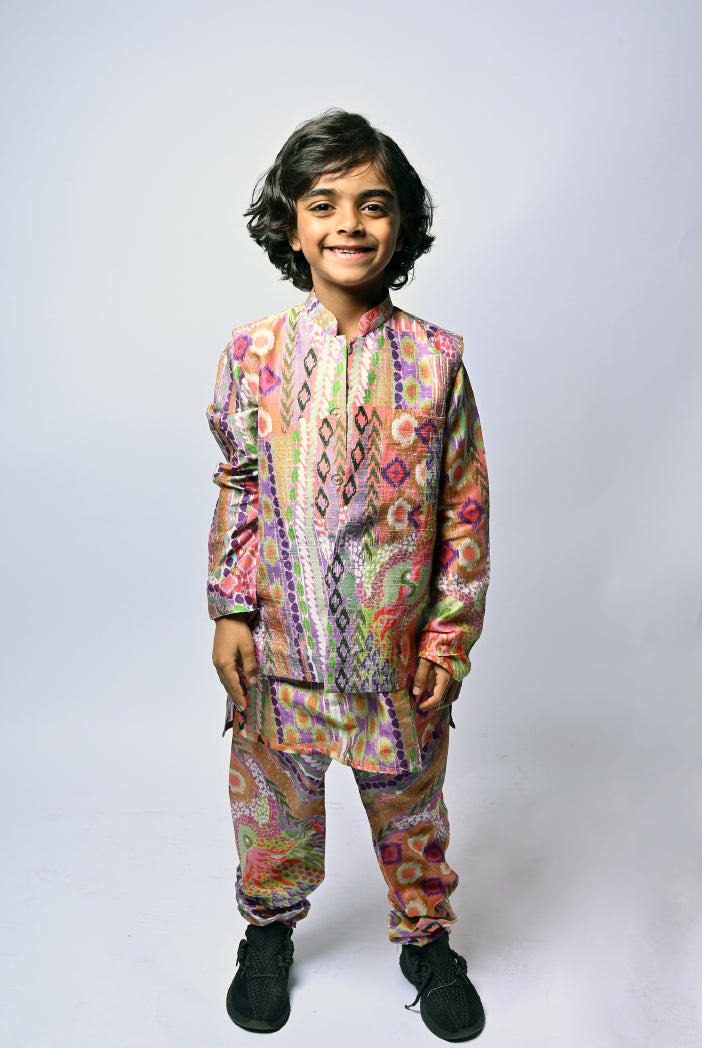 African Multicolour Print Silkmul Kurta And Churidar With Dupion Silk Bandi