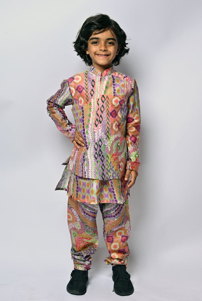 African Multicolour Print Silkmul Kurta And Churidar With Dupion Silk Bandi