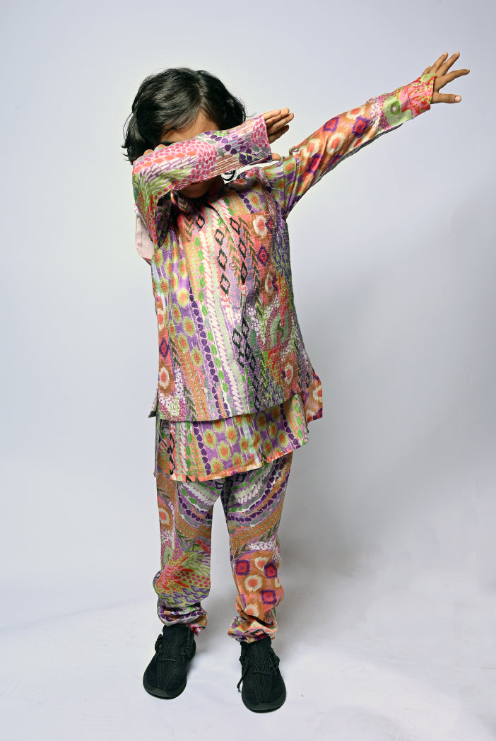 African Multicolour Print Silkmul Kurta And Churidar With Dupion Silk Bandi