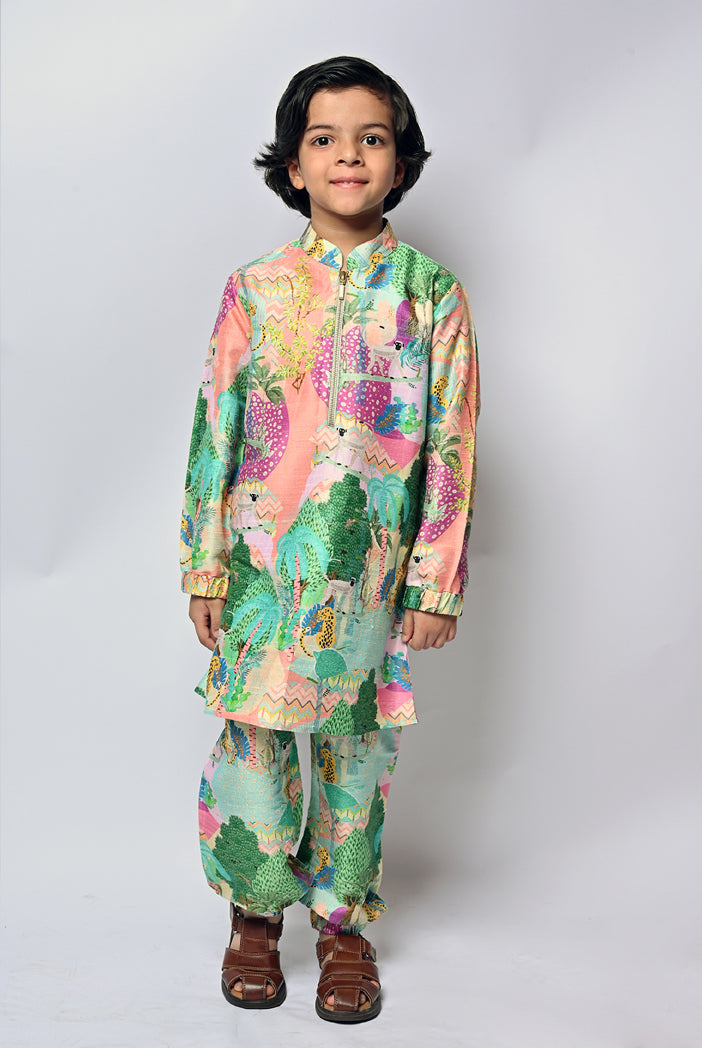 Peach Kuno Printed Dupion Silk Bomber Kurta And Jogger Pants
