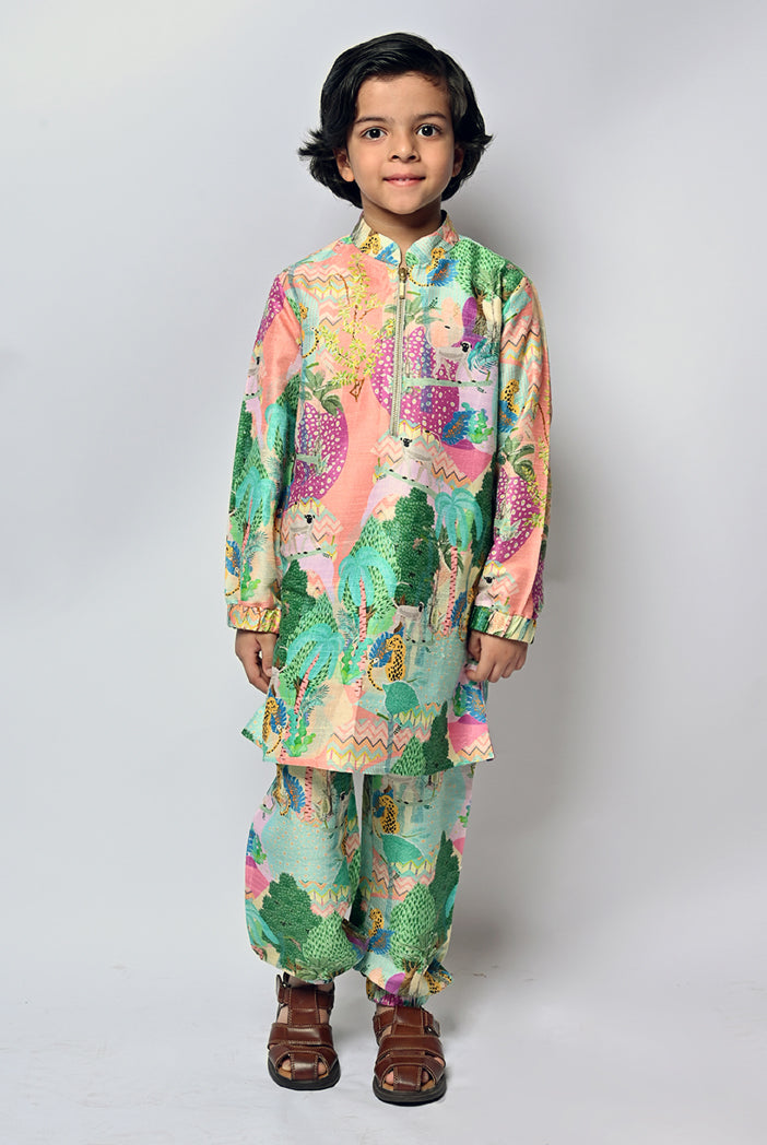 Peach Kuno Printed Dupion Silk Bomber Kurta And Jogger Pants