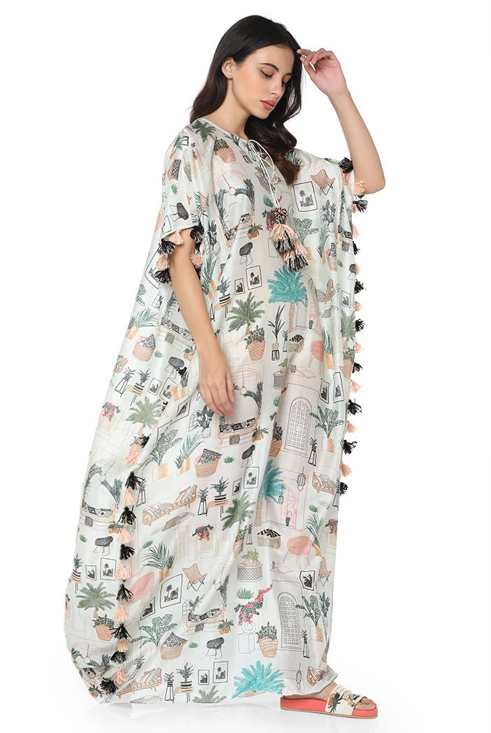 White Colour Printed Silkmul Kaftan