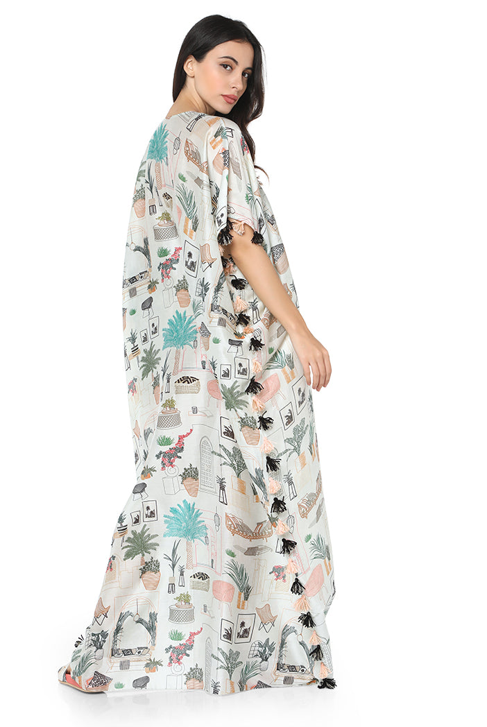 White Colour Printed Silkmul Kaftan