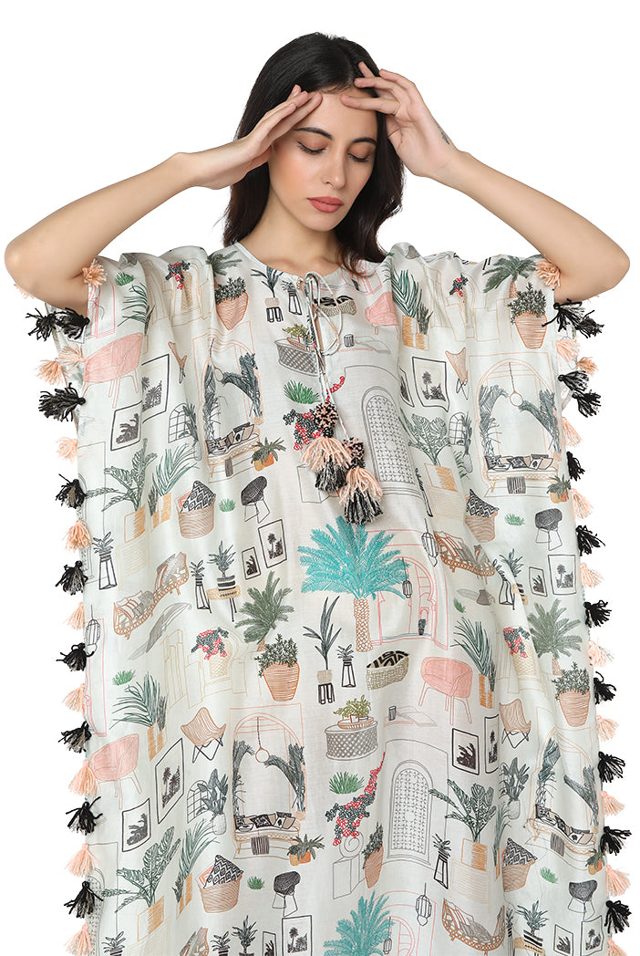 White Colour Printed Silkmul Kaftan