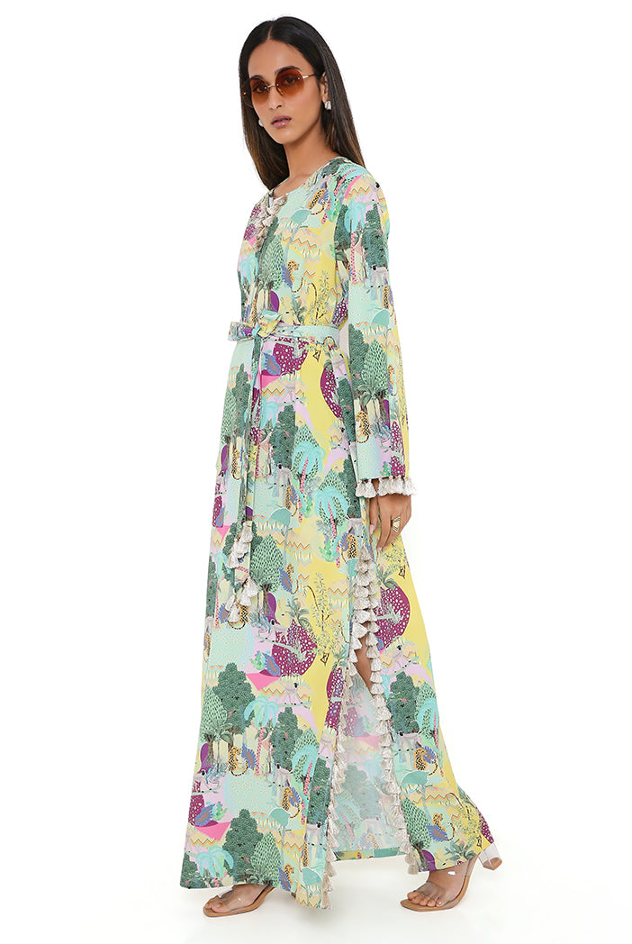 Yellow Kuno Print Art Crepe Long Beyza Kaftan