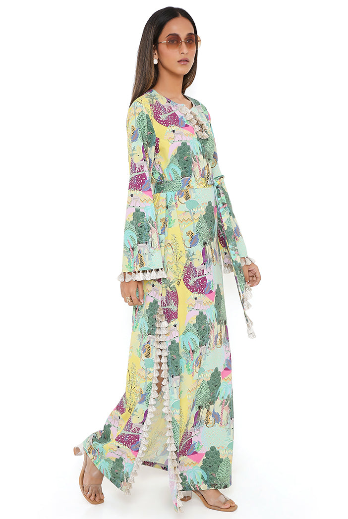 Yellow Kuno Print Art Crepe Long Beyza Kaftan