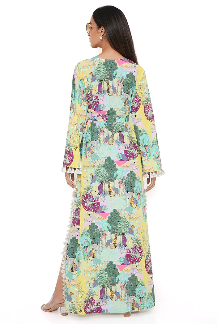 Yellow Kuno Print Art Crepe Long Beyza Kaftan