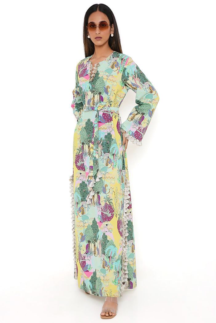 Yellow Kuno Print Art Crepe Long Beyza Kaftan