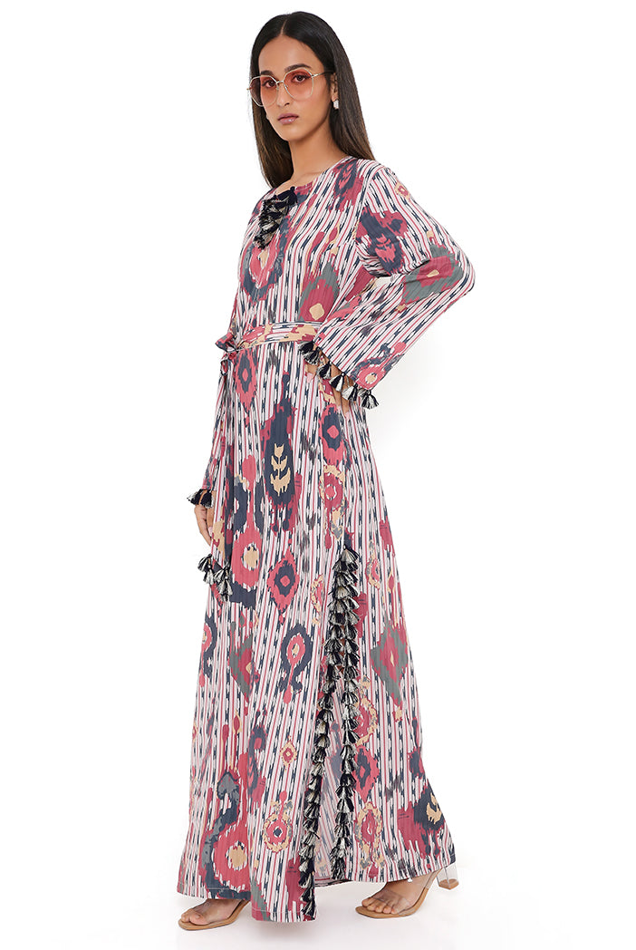 Red Ikat Tribe Print Art Crepe Long Beyza Kaftan