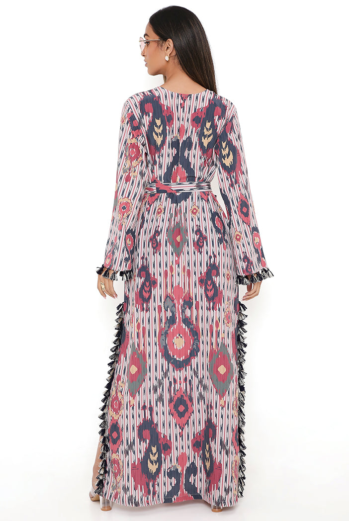 Red Ikat Tribe Print Art Crepe Long Beyza Kaftan