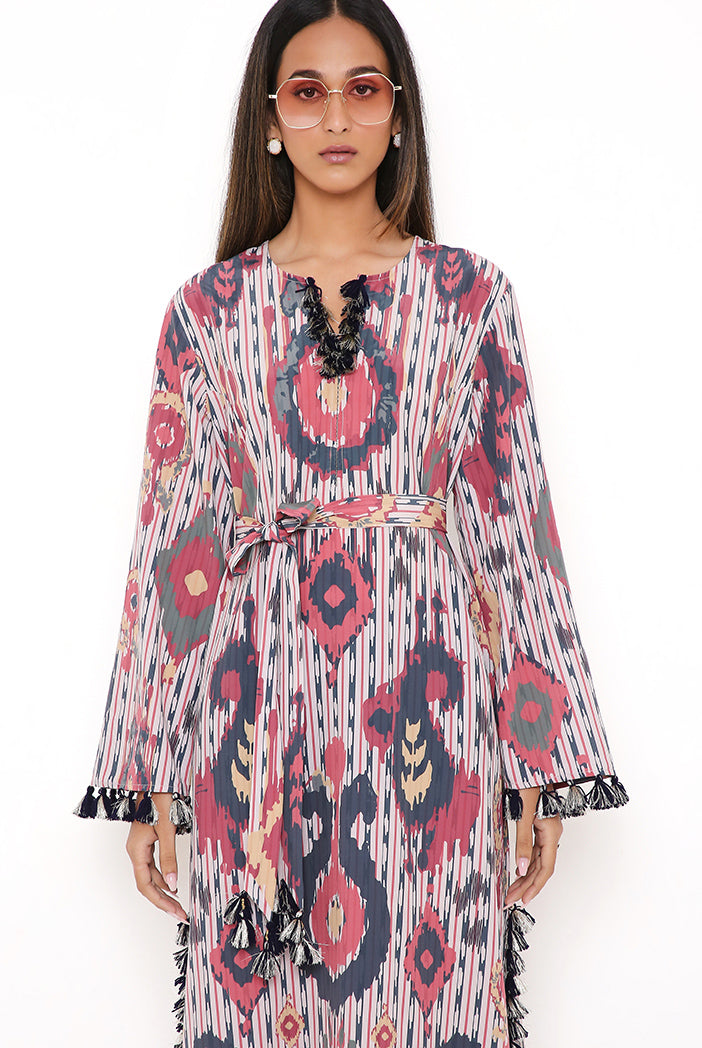 Red Ikat Tribe Print Art Crepe Long Beyza Kaftan