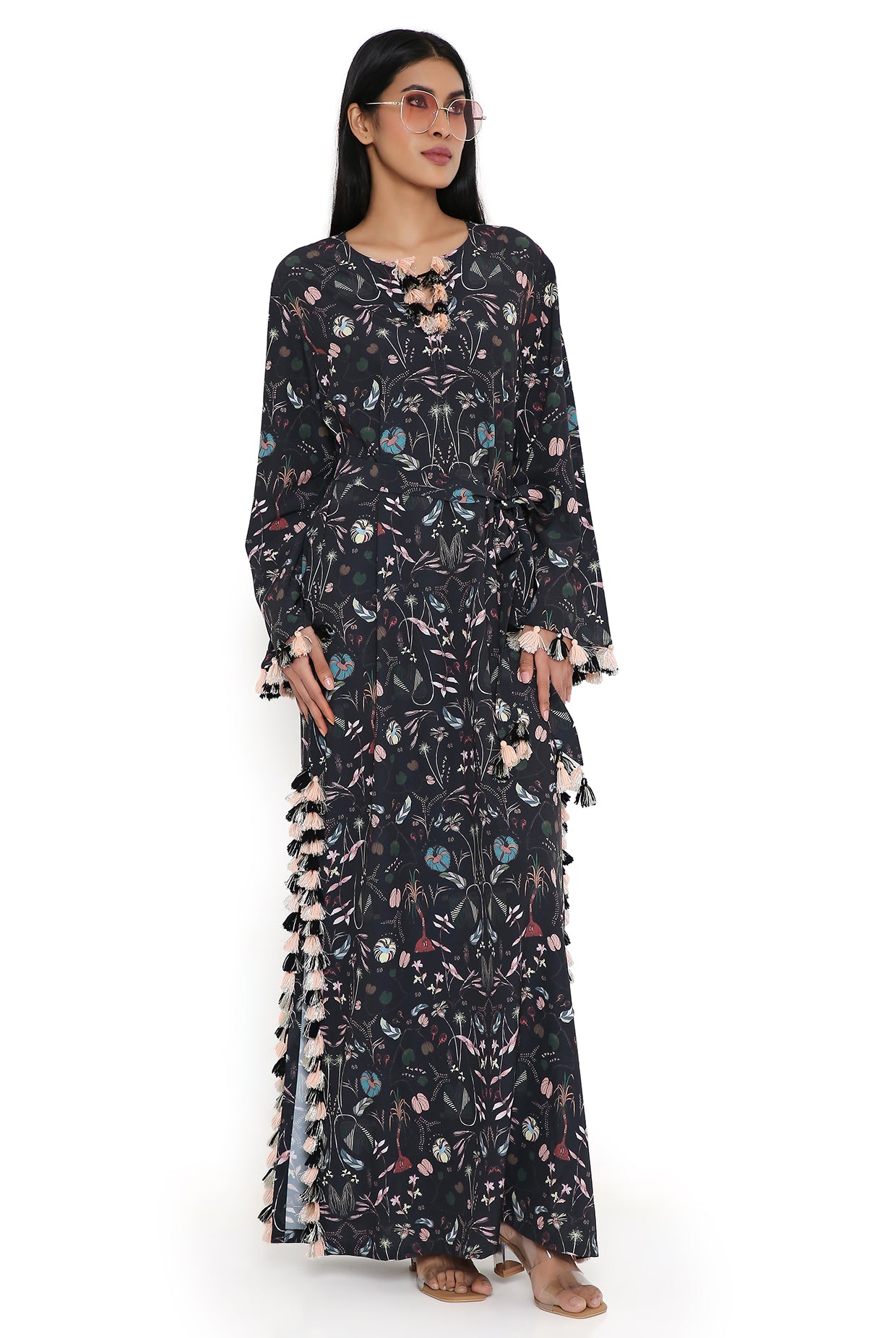 Black Forest Print Art Crepe Long Beyza Kaftan