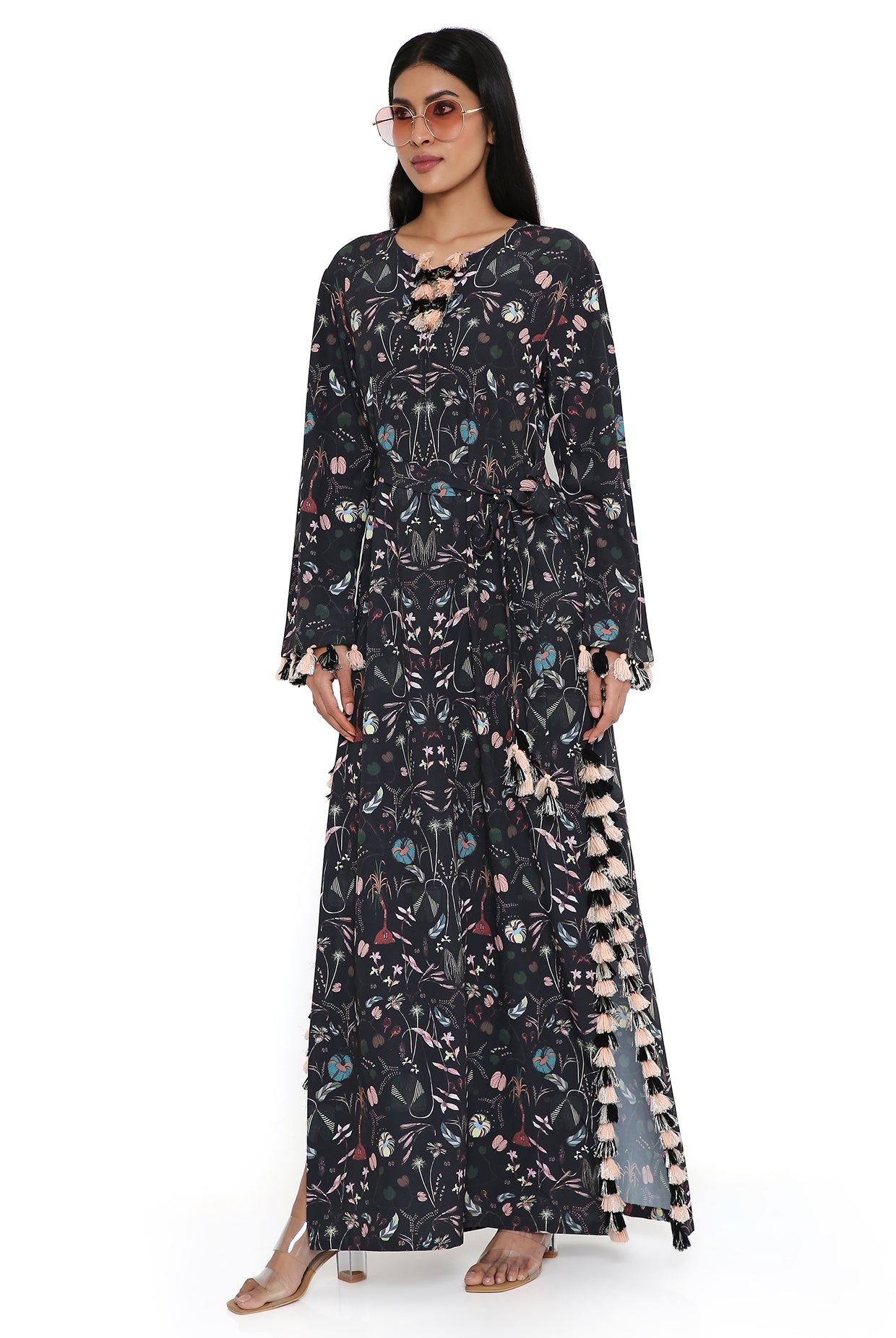 Black Forest Print Art Crepe Long Beyza Kaftan