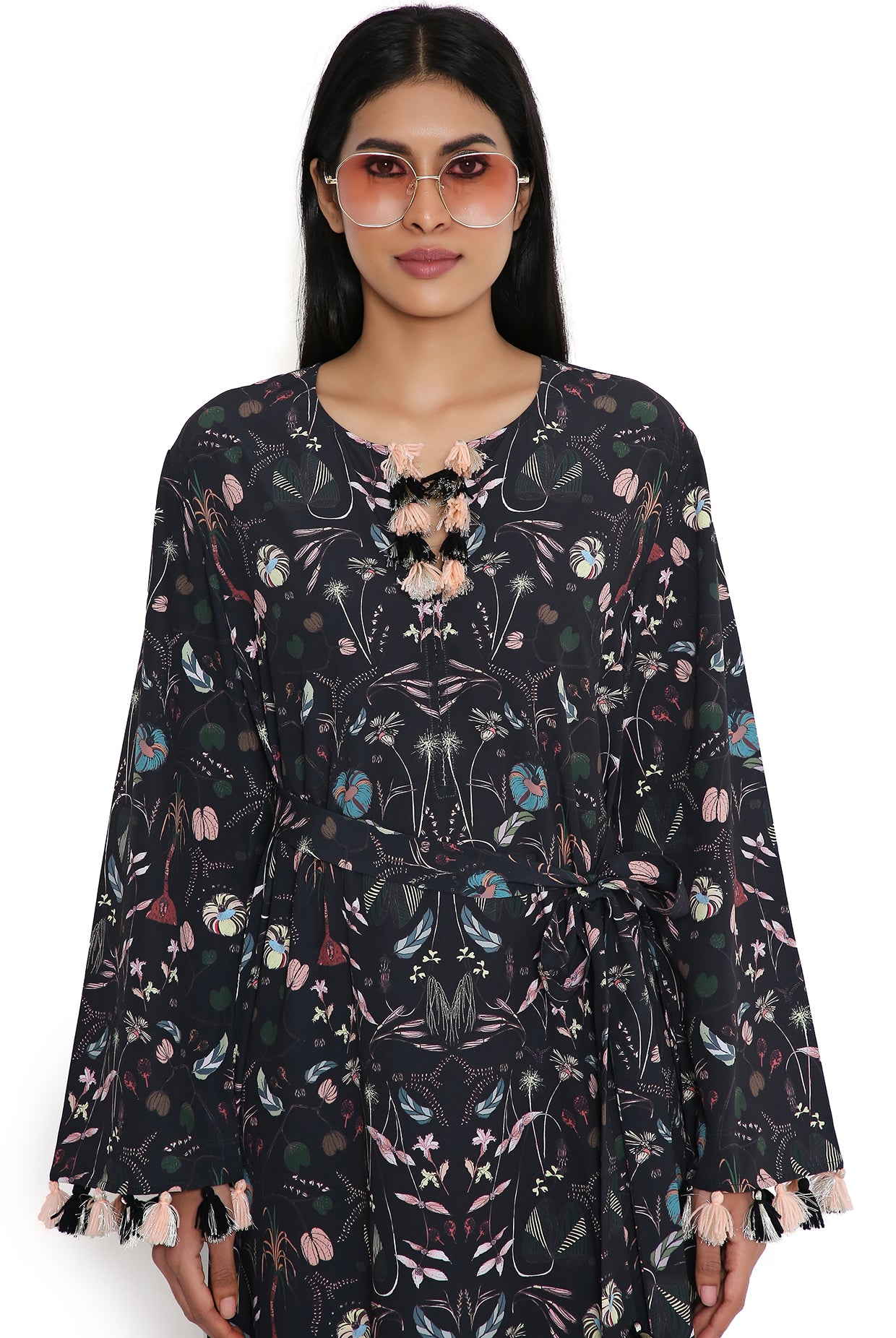 Black Forest Print Art Crepe Long Beyza Kaftan