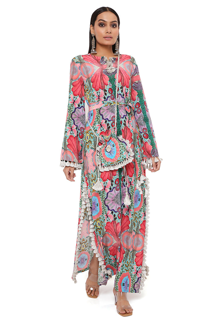 Red Enchanted Print Crepe Long Beyza Kaftan With Belt