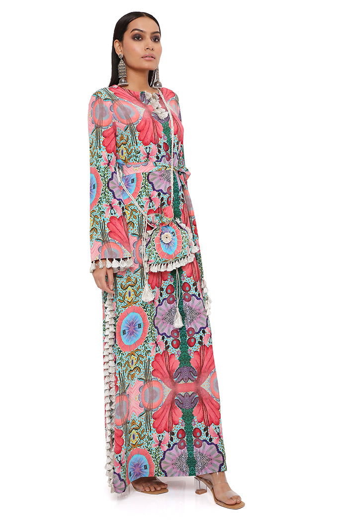 Red Enchanted Print Crepe Long Beyza Kaftan With Belt