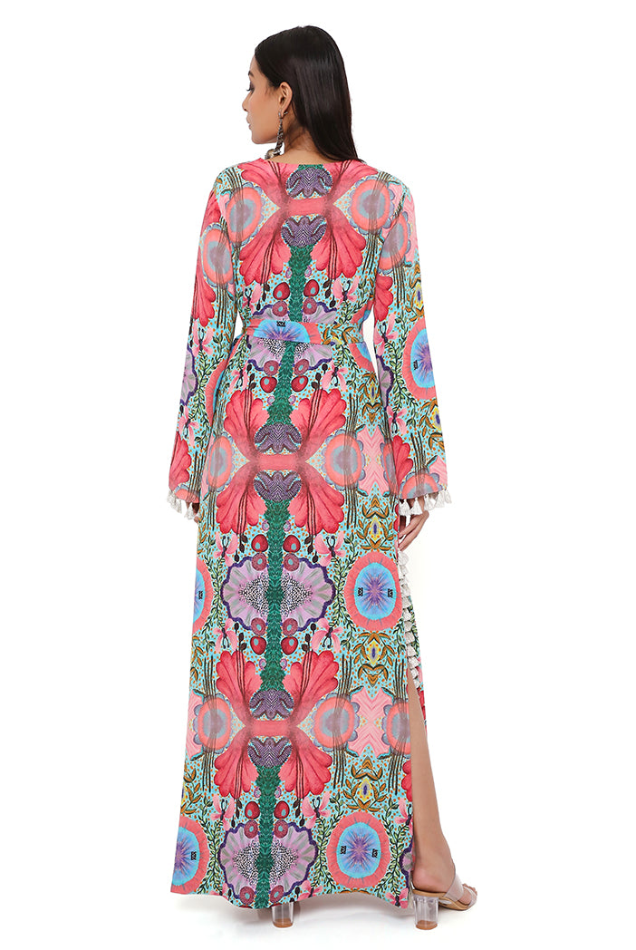 Red Enchanted Print Crepe Long Beyza Kaftan With Belt