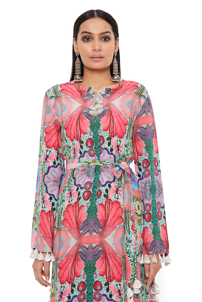 Red Enchanted Print Crepe Long Beyza Kaftan With Belt