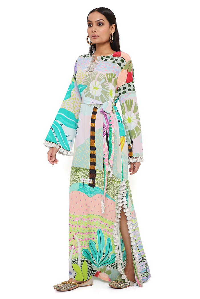Tropical Print Crepe Long Beyza Kaftan With Belt