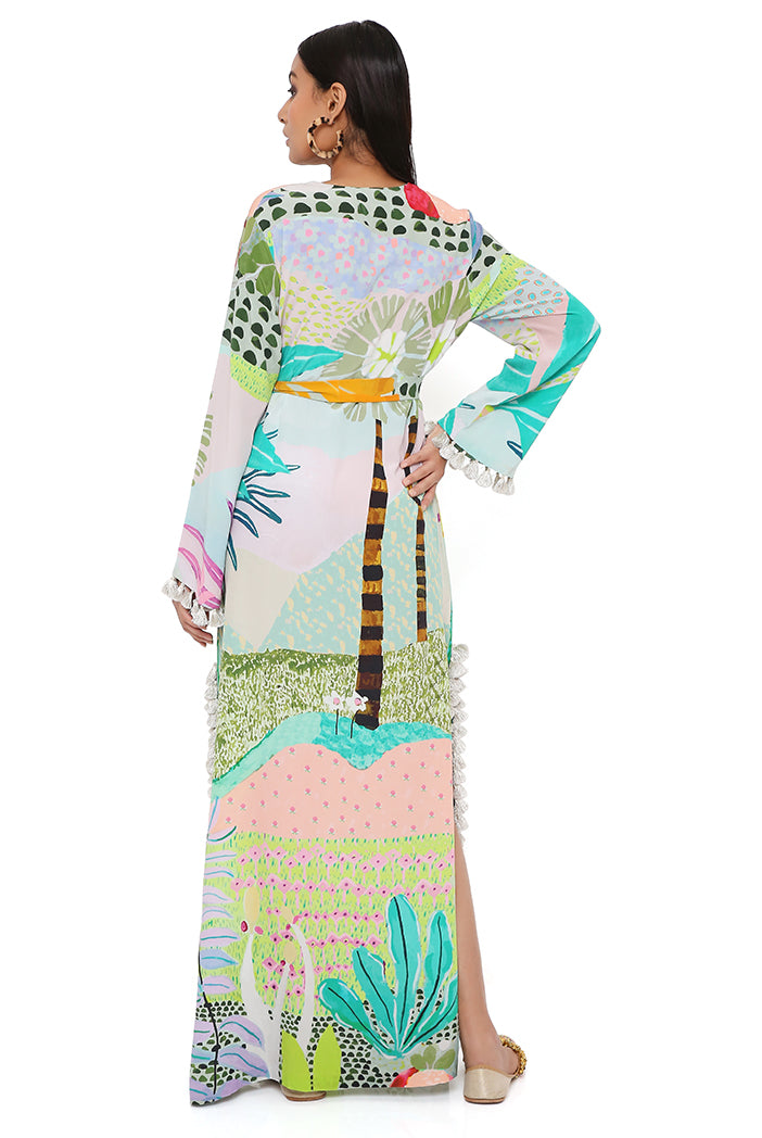 Tropical Print Crepe Long Beyza Kaftan With Belt