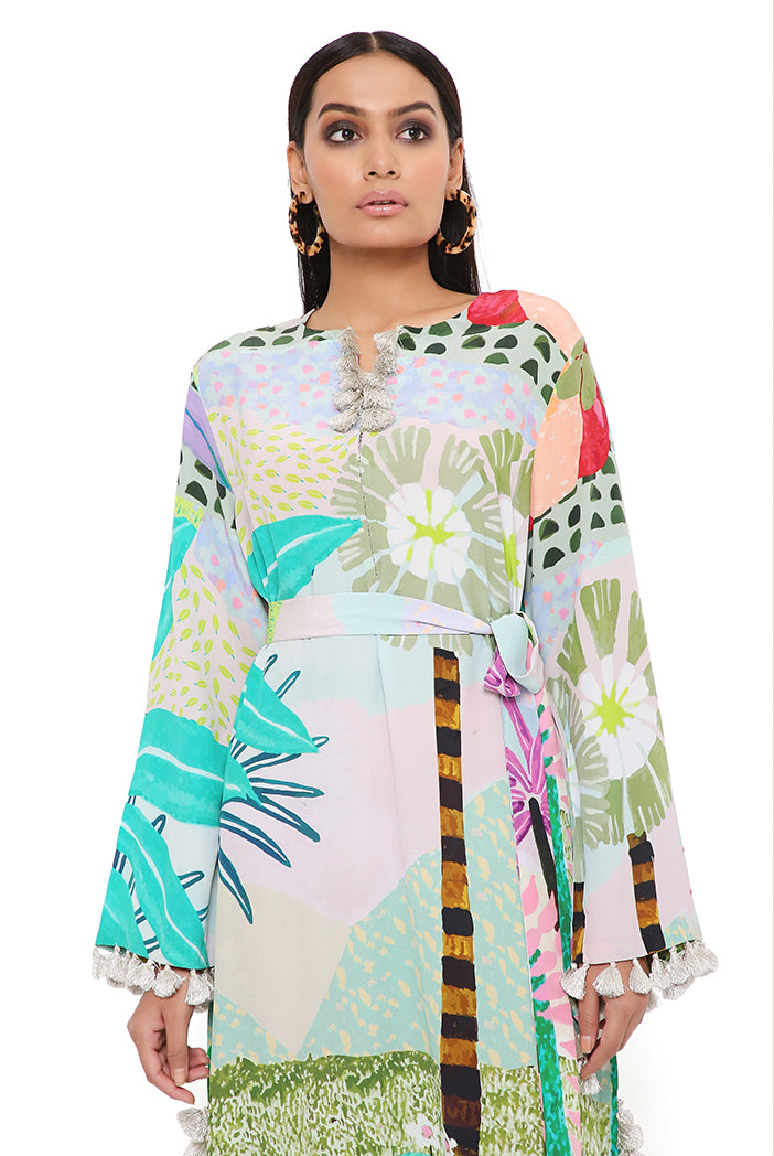 Tropical Print Crepe Long Beyza Kaftan With Belt