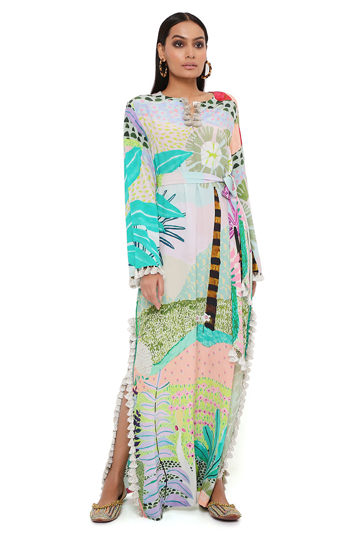 Tropical Print Crepe Long Beyza Kaftan With Belt