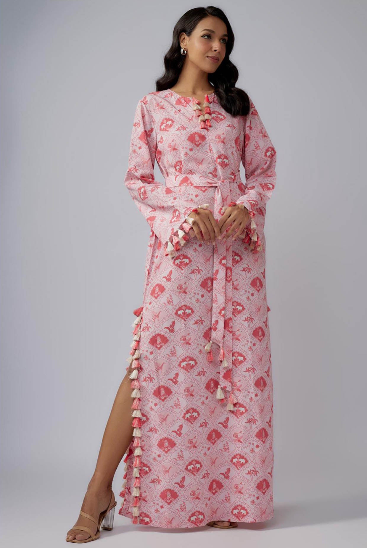 Blush Pink Printed Art Crepe Long Beyza Kaftan With Belt
