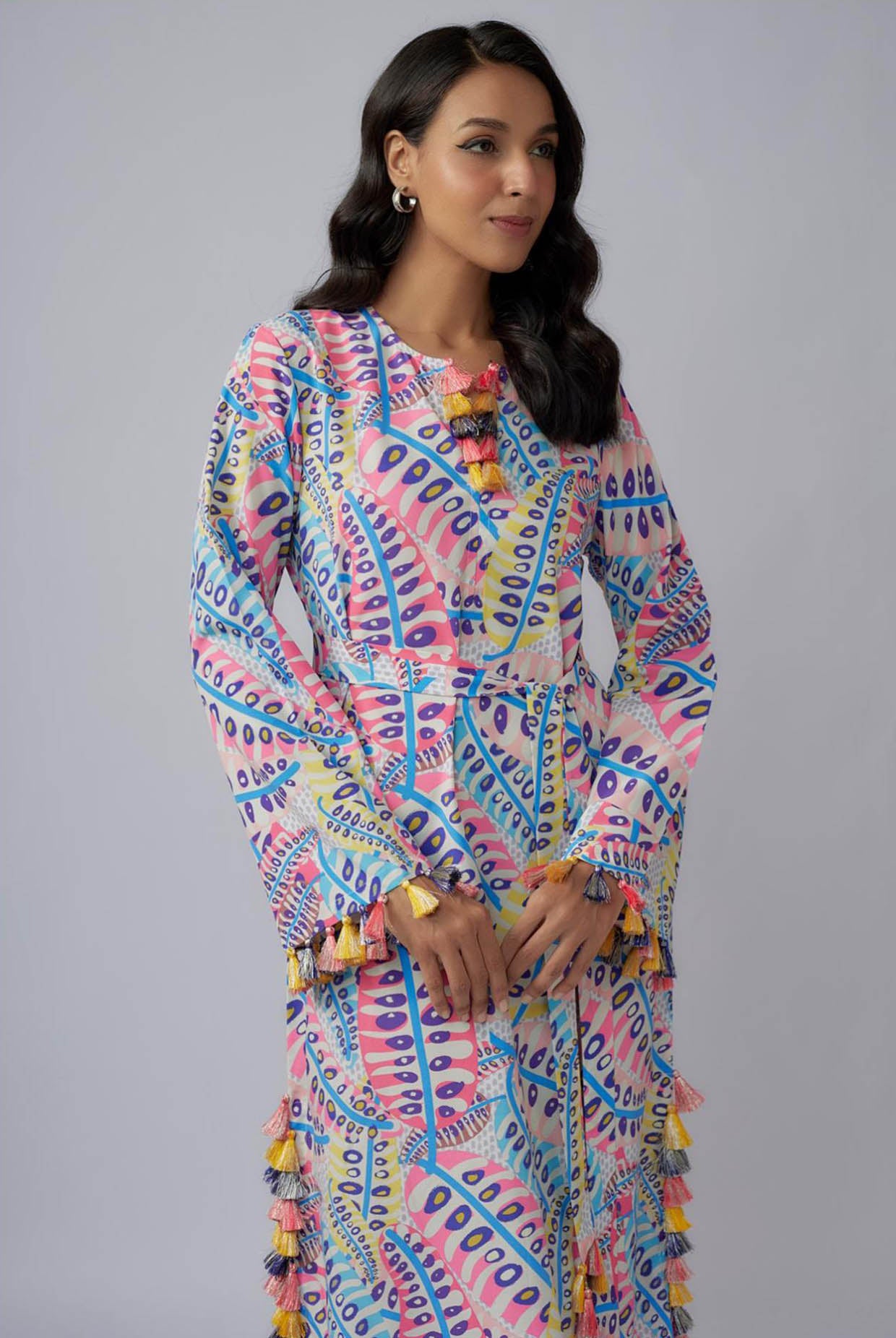 Blue Printed Art Crepe Long Beyza Kaftan With Belt