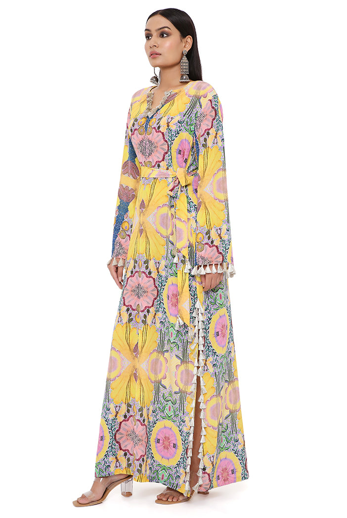 Yellow Enchanted Print Crepe Long Beyza Kaftan With Belt