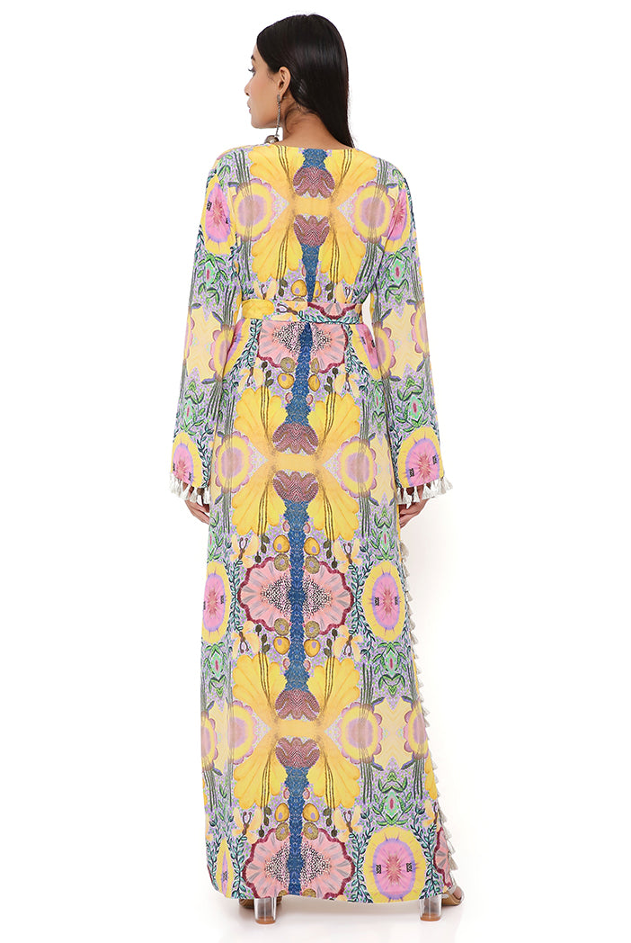 Yellow Enchanted Print Crepe Long Beyza Kaftan With Belt