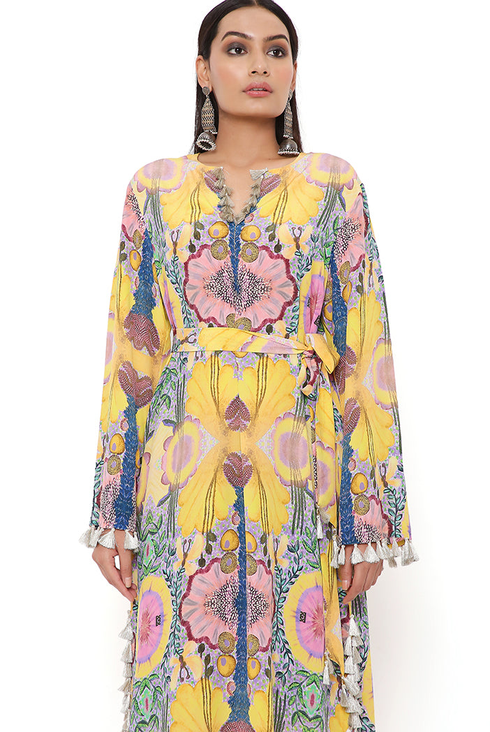 Yellow Enchanted Print Crepe Long Beyza Kaftan With Belt