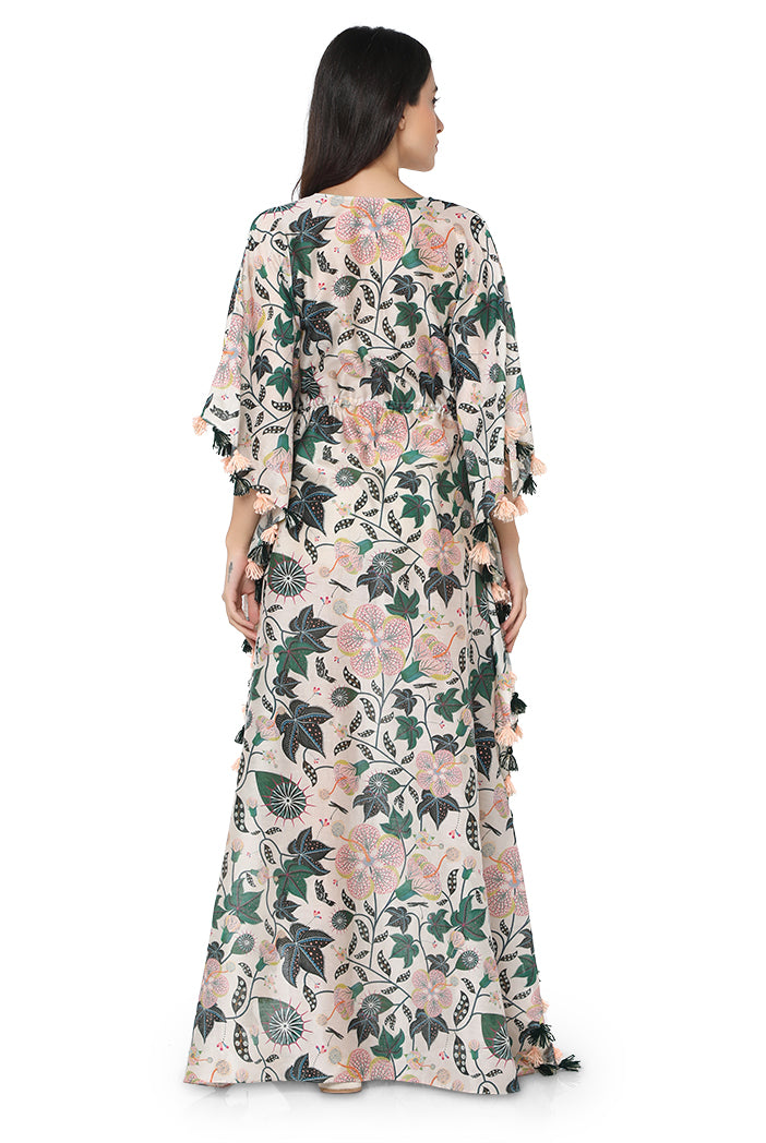 Grey Colour Printed Silkmul Kaftan