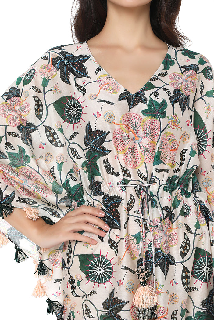 Grey Colour Printed Silkmul Kaftan