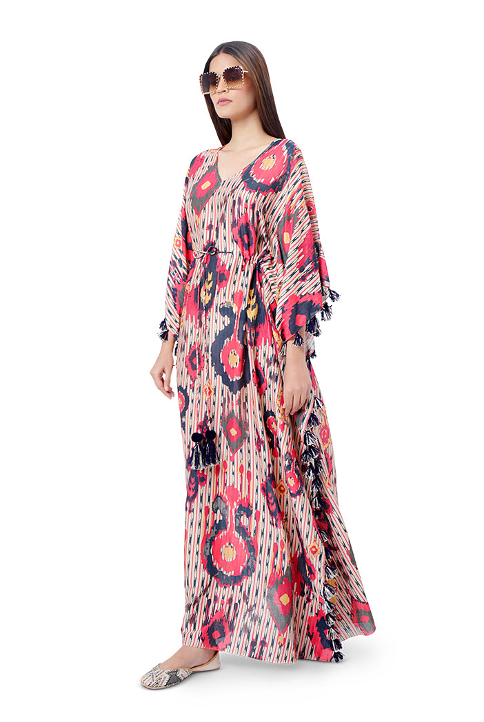 Red Colour Printed Silkmul Kaftan