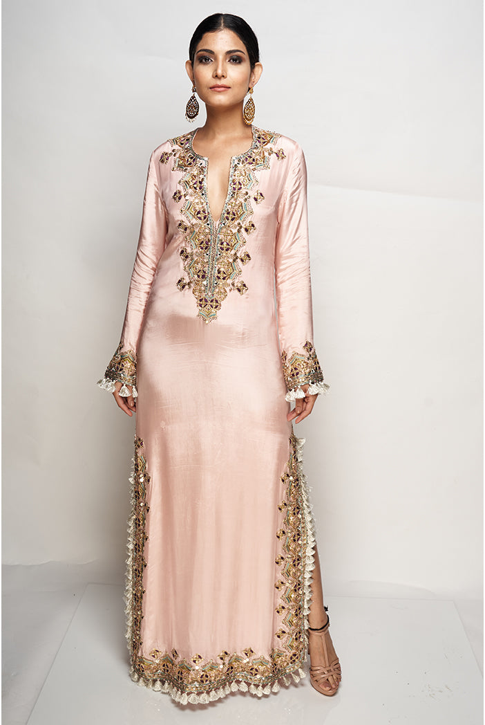 Rose Pink Colour Embroidered Kaftan