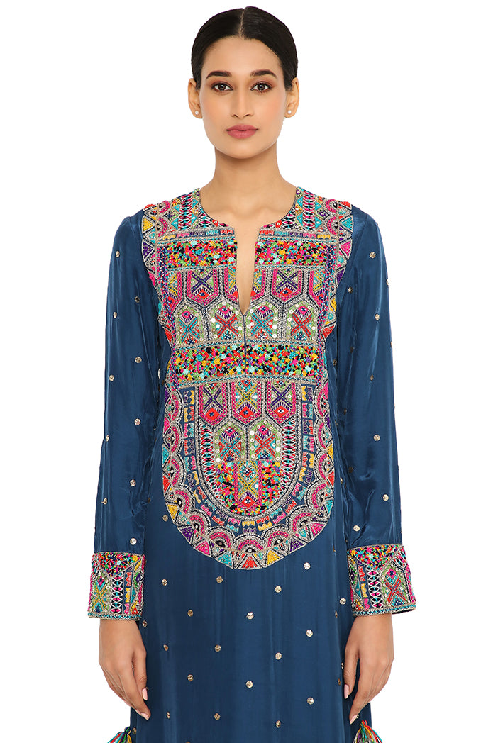 Adira Teal Blue Colour Mukaish Silk Embroidered Beyza Kaftan