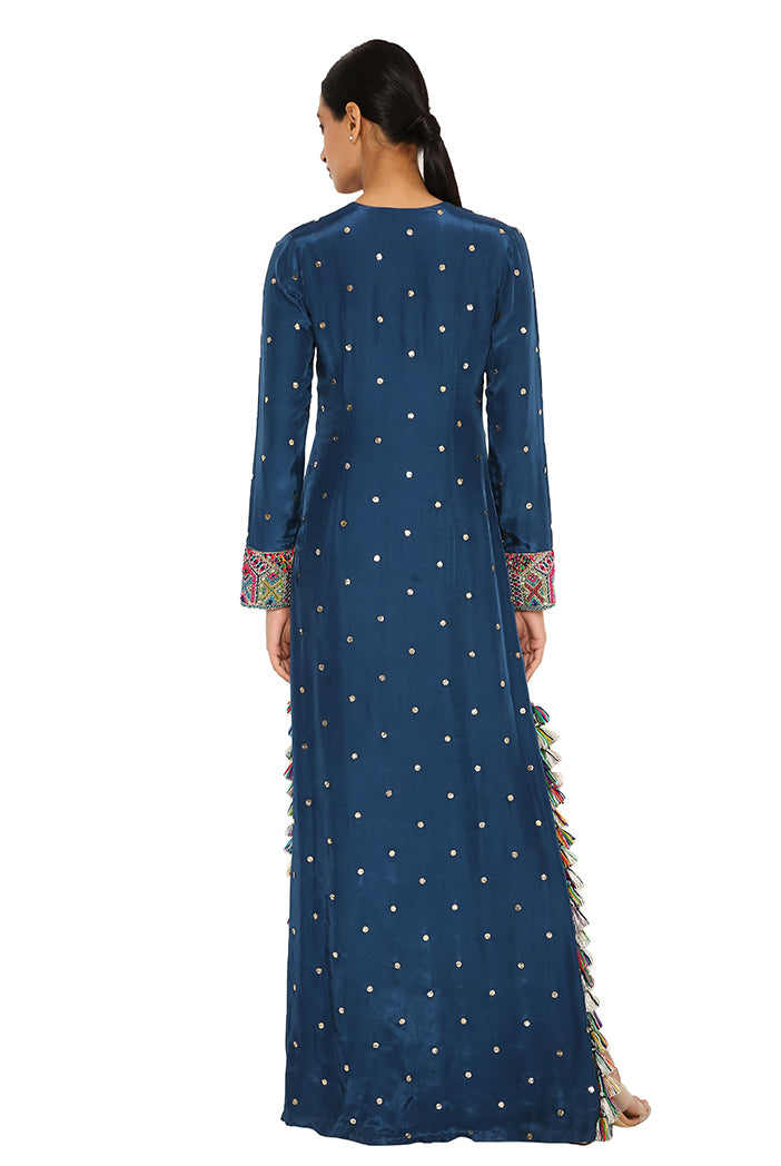 Adira Teal Blue Colour Mukaish Silk Embroidered Beyza Kaftan