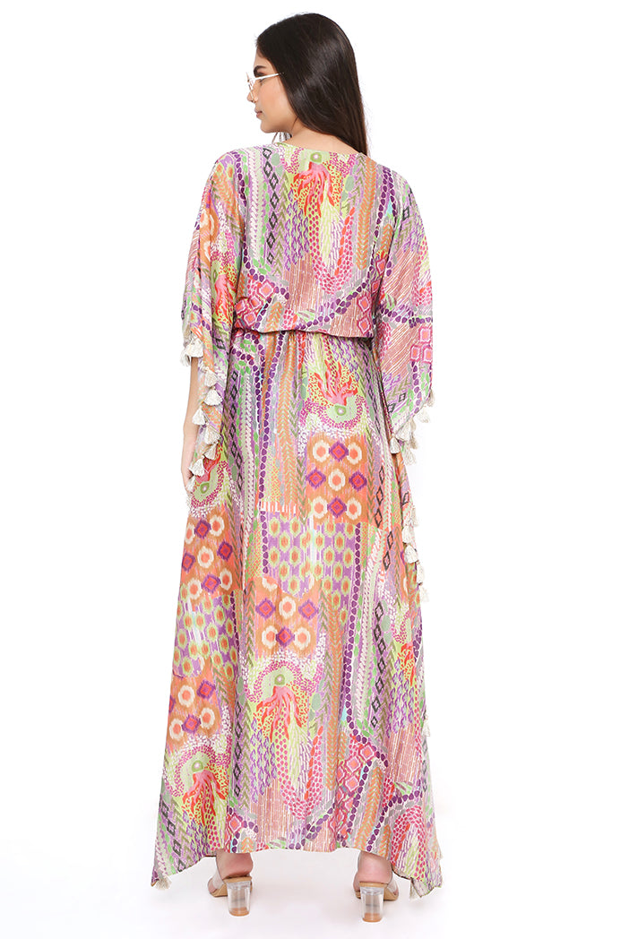 Multicolor African Print Silkmul Kaftan With Tassels