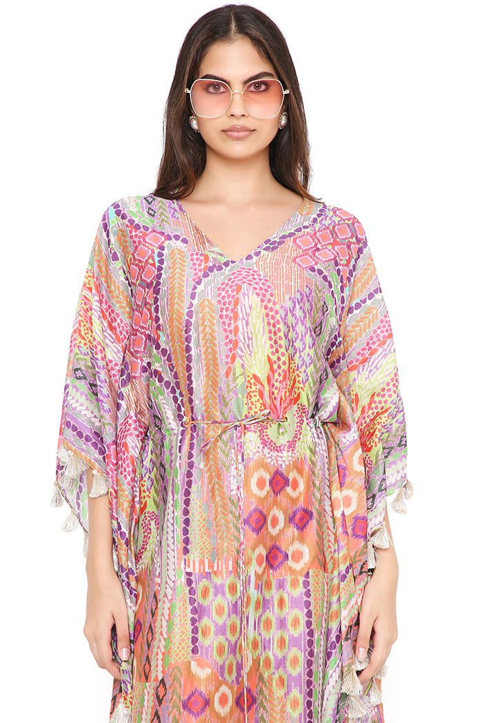 Multicolor African Print Silkmul Kaftan With Tassels