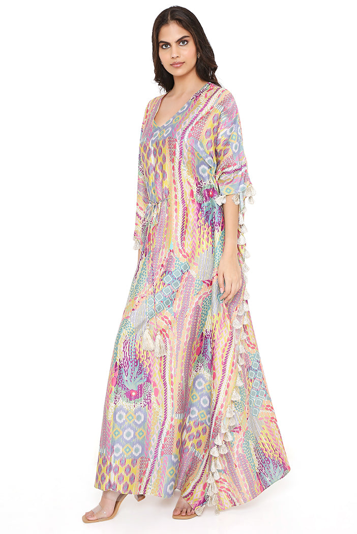 Lime Afican Print Silkmul Kaftan With Tassels