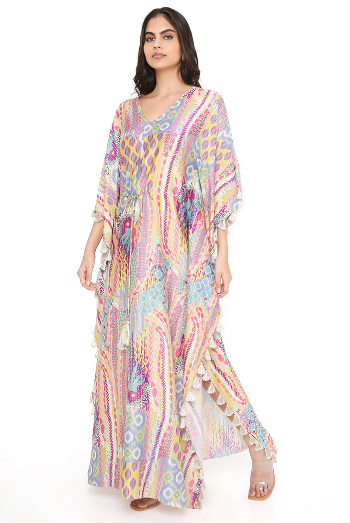 Lime Afican Print Silkmul Kaftan With Tassels
