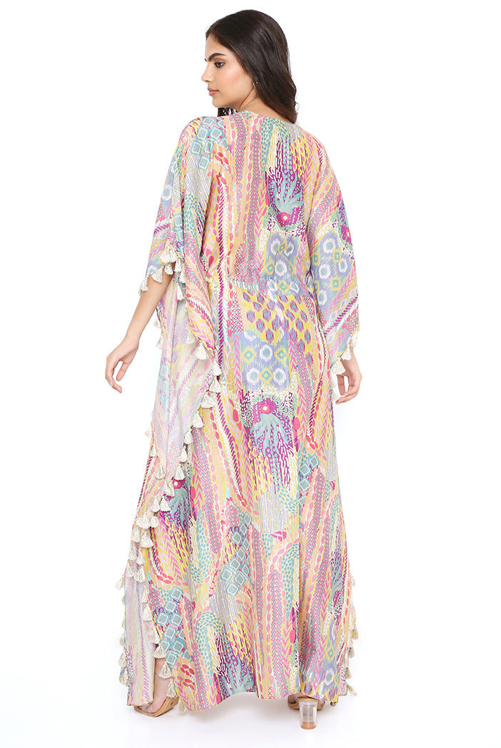 Lime Afican Print Silkmul Kaftan With Tassels
