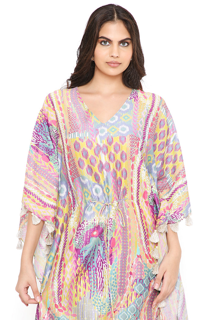 Lime Afican Print Silkmul Kaftan With Tassels