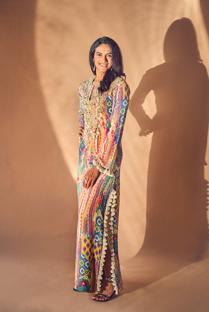 Lime African Print Crepe Yoke Embroidered Long Kaftan