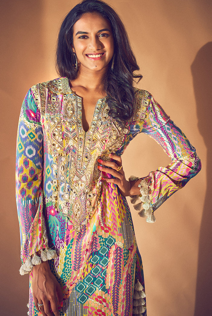 Lime African Print Crepe Yoke Embroidered Long Kaftan