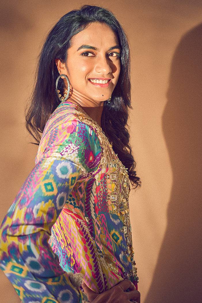 Lime African Print Crepe Yoke Embroidered Long Kaftan