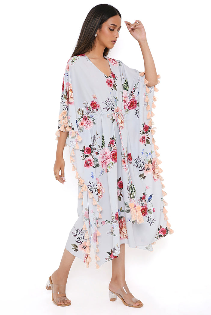 Grey Gulabi Print Art Crepe Kaftan With Tassels