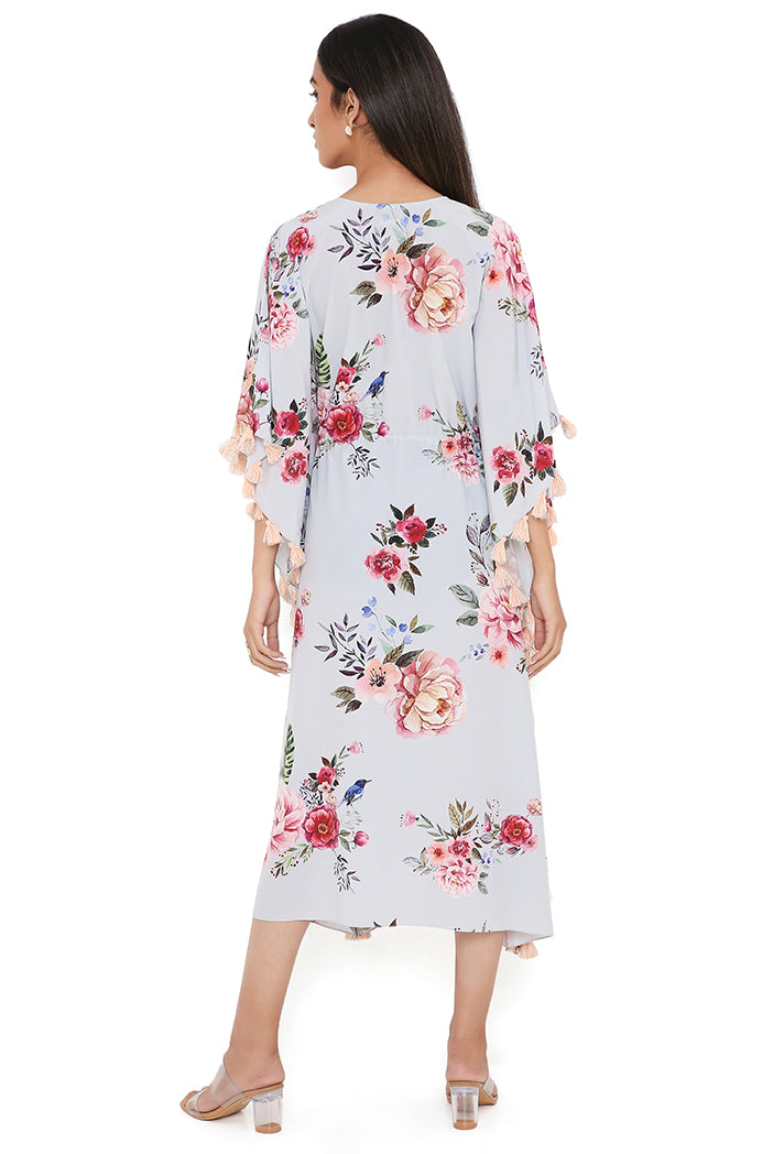 Grey Gulabi Print Art Crepe Kaftan With Tassels