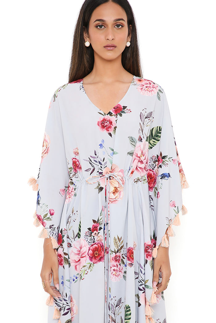 Grey Gulabi Print Art Crepe Kaftan With Tassels