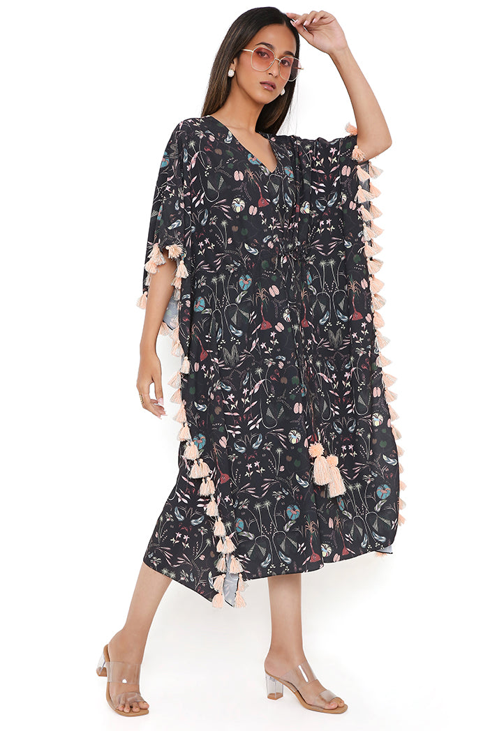 Navy Spring Print Art Crepe Kaftan With Tassels